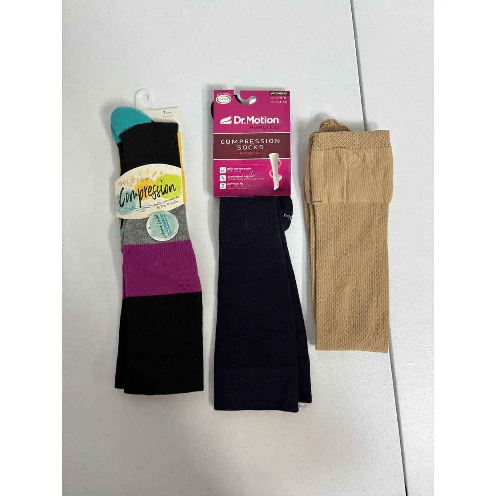 Womens Compression Socks Bundle 3 Pairs Dr Motion Goldtoe Navy Striped Tan NWT